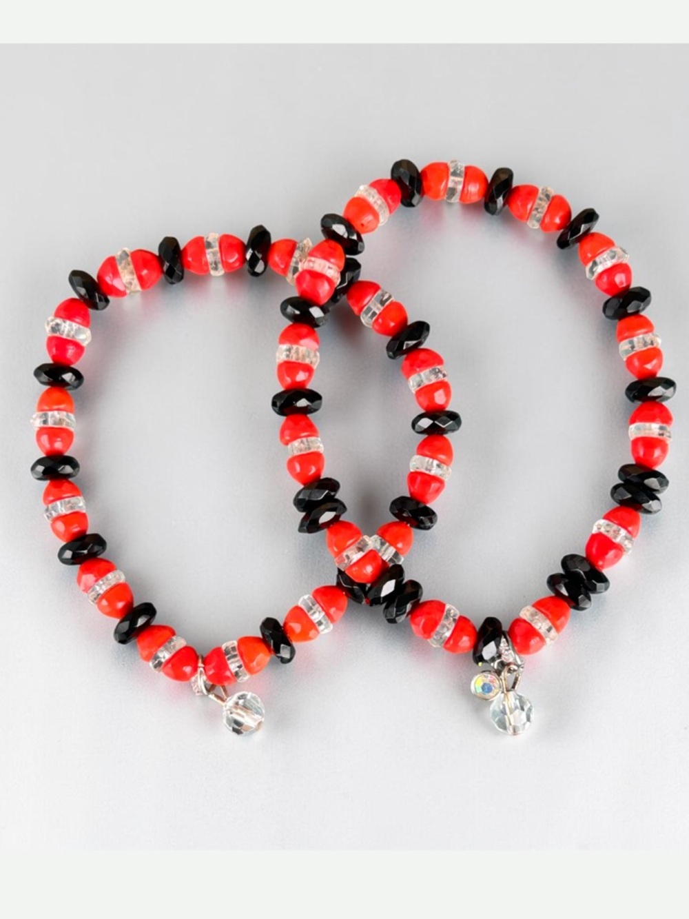Vintage Red and Black Beads Restrung Into Beaded Crystal Stretch Bracelet Set